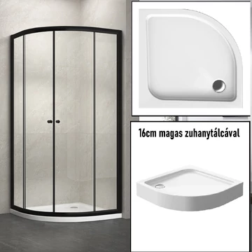 80x80 Fekete keretes íves zuhanykabin 6mm - 16cm magas zuhanytálca