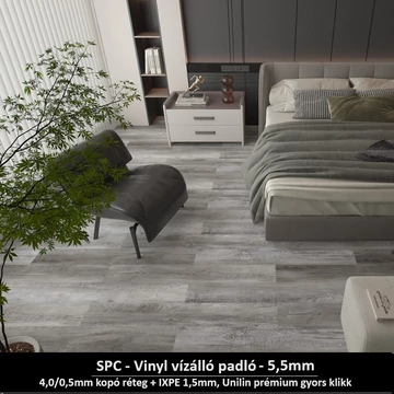 Hamvas Tölgy SPC vinyl padló - Class 42 kopásállóságú vízálló klikkes burkolat 5,5 mm vastagsággal Hamvas Tölgy SPC vinyl padló - Class 42 kopásállóságú vízálló klikkes burkolat 5,5 mm vastagsággal