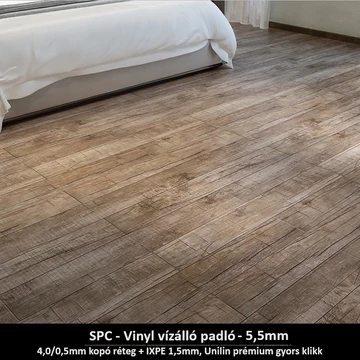 Szürkésbarna Őskor Tölgye SPC padló - Class 42 kopásállóságú vízálló klikkes burkolat 5,5 mm vastagsággal Szürkésbarna Őskor Tölgye SPC padló - Class 42 kopásállóságú vízálló klikkes burkolat 5,5 mm vastagsággal