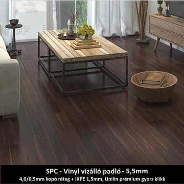 Mélybarna Dióhéj Szimfónia SPC padló - Class 42 kopásállóságú vízálló klikkes burkolat 5,5 mm vastagsággal Mélybarna Dióhéj Szimfónia SPC padló - Class 42 kopásállóságú vízálló klikkes burkolat 5,5 mm vastagsággal