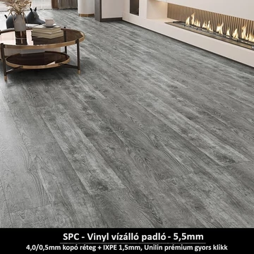 Titán Acél Ezüst SPC vinyl padló - Class 42 kopásállóságú, vízálló, prémium klikkes SPC burkolat 5,5 mm vastagsággal Titán Acél Ezüst SPC vinyl padló - Class 42 kopásállóságú, vízálló, prémium klikkes SPC burkolat 5,5 mm vastagsággal