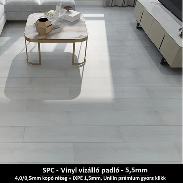 Holdfényezüst Áradat SPC padló - Class 42 kopásállóságú vízálló klikkes burkolat 5,5 mm vastagsággal Holdfényezüst Áradat SPC padló - Class 42 kopásállóságú vízálló klikkes burkolat 5,5 mm vastagsággal