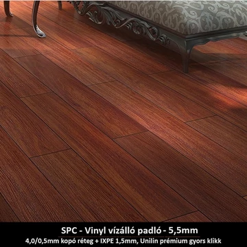 Mahagóni Álompart SPC padló - Class 42 kopásállóságú, vízálló, klikkes burkolat 5,5 mm vastagsággal Mahagóni Álompart SPC padló - Class 42 kopásállóságú, vízálló, klikkes burkolat 5,5 mm vastagsággal