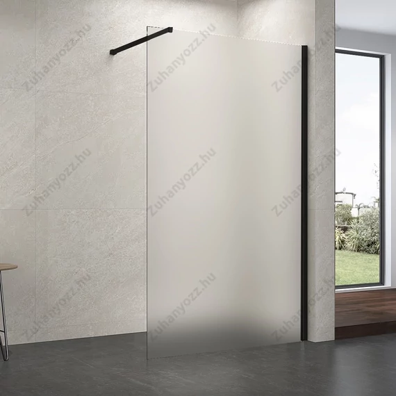 walk-in zuhanyfal 70-as 8mm-es nano vízlepergető Matt üveggel fekete kerettel kitámasztó karral