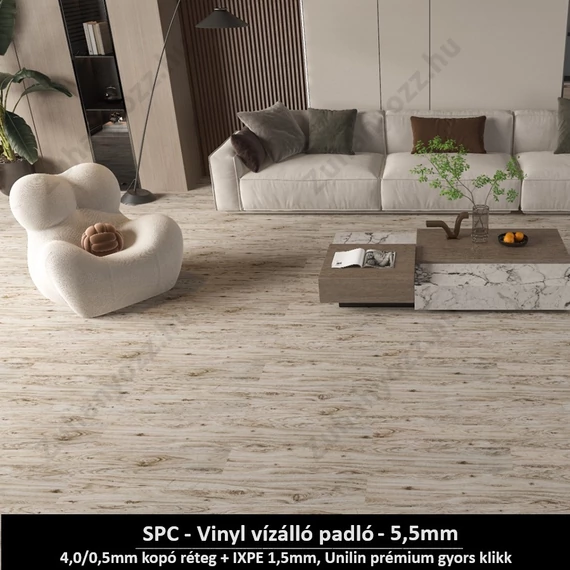 Krémfa SPC vinyl padló - Class 42 kopásállóságú, vízálló klikkes burkolat 5,5 mm vastagsággal