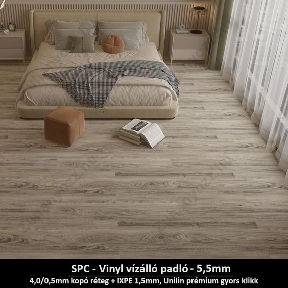 Ezüst Kőris SPC vinyl padló - Class 42 kopásállóságú vízálló klikkes burkolat 5,5 mm vastagsággal