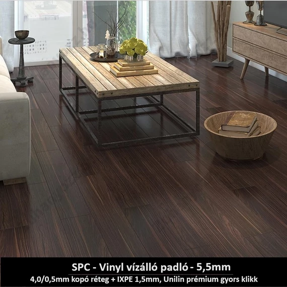 Mélybarna Dióhéj Szimfónia SPC vinyl padló - Class 42 kopásállóságú vízálló klikkes burkolat 5,5 mm vastagsággal
