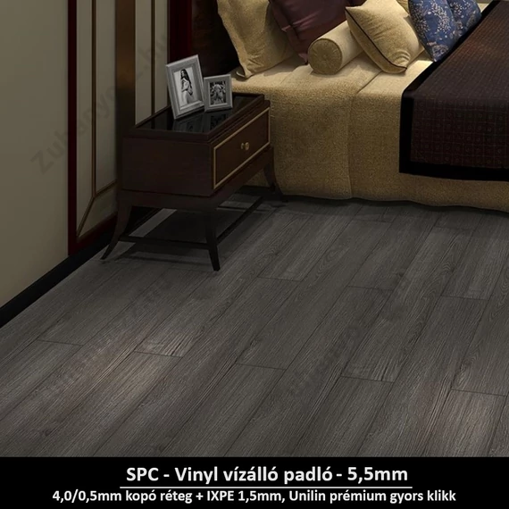 Sötétszürke Árnyékfa SPC vinyl padló - Class 42 kopásállóságú vízálló klikkes burkolat 5,5 mm vastagsággal