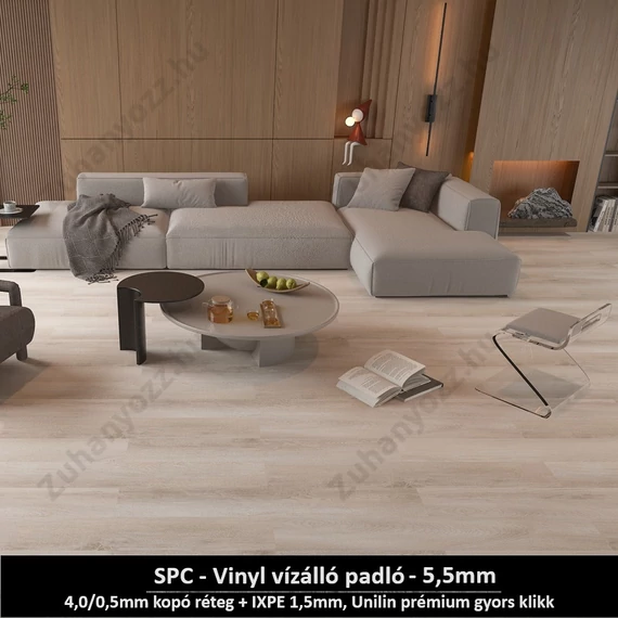 Hófehér Tölgy SPC vinyl padló - Class 42 kopásállóságú vízálló klikkes burkolat 5,5 mm vastagsággal