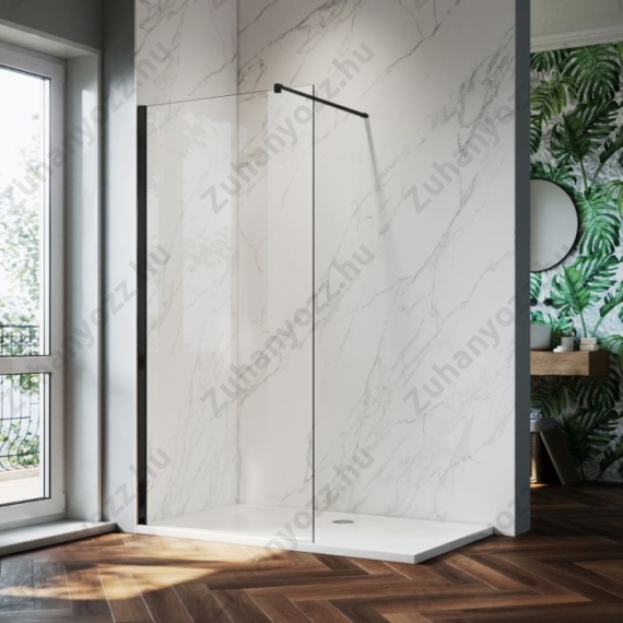 ECO átlátszó üveges walk-in zuhanyfal 90x200cm, állítható kitámasztó kar, fekete keret