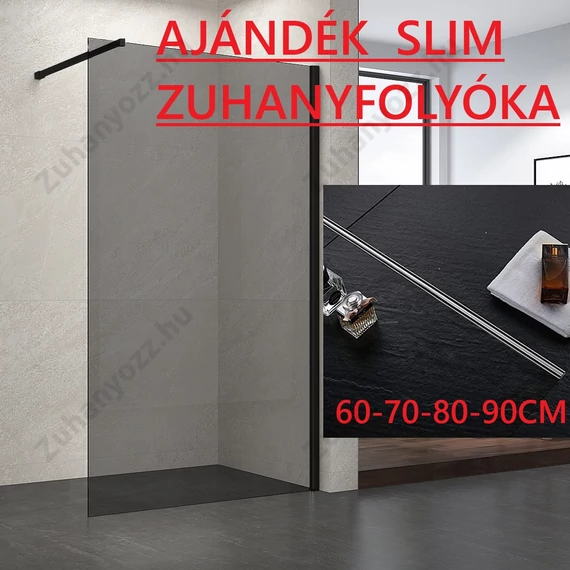 Walk-in zuhanyfal 70 füst üveggel fekete keret kitámasztókar